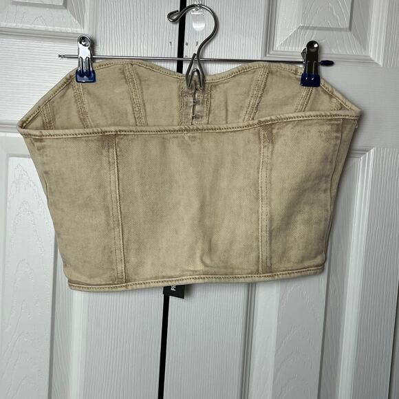 Pretty Little Thing Washed Stone Denim Hook & Eye Structured Corset Top - Picture 6 of 8